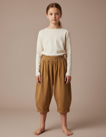 Pantalon Fluide Fille Camel Coupe Ample - Molleton