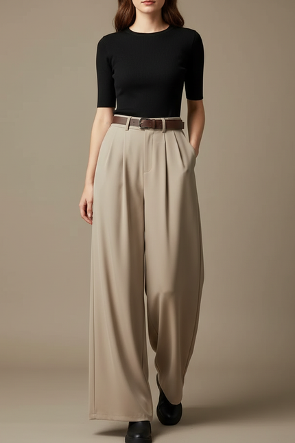 Pantalon Fluide Beige Plissé Ample Taille Haute Femme - Polyester
