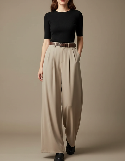 Pantalon Fluide Beige Plissé Ample Taille Haute Femme - Polyester