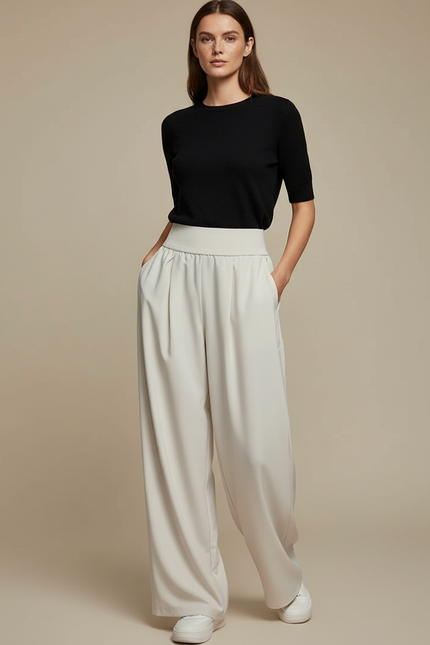 Pantalon Fluide Écru Ample Taille Haute Décontracté - Beige Polyester
