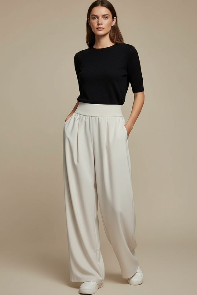 Pantalon Fluide Écru Ample Taille Haute Décontracté - Beige Polyester