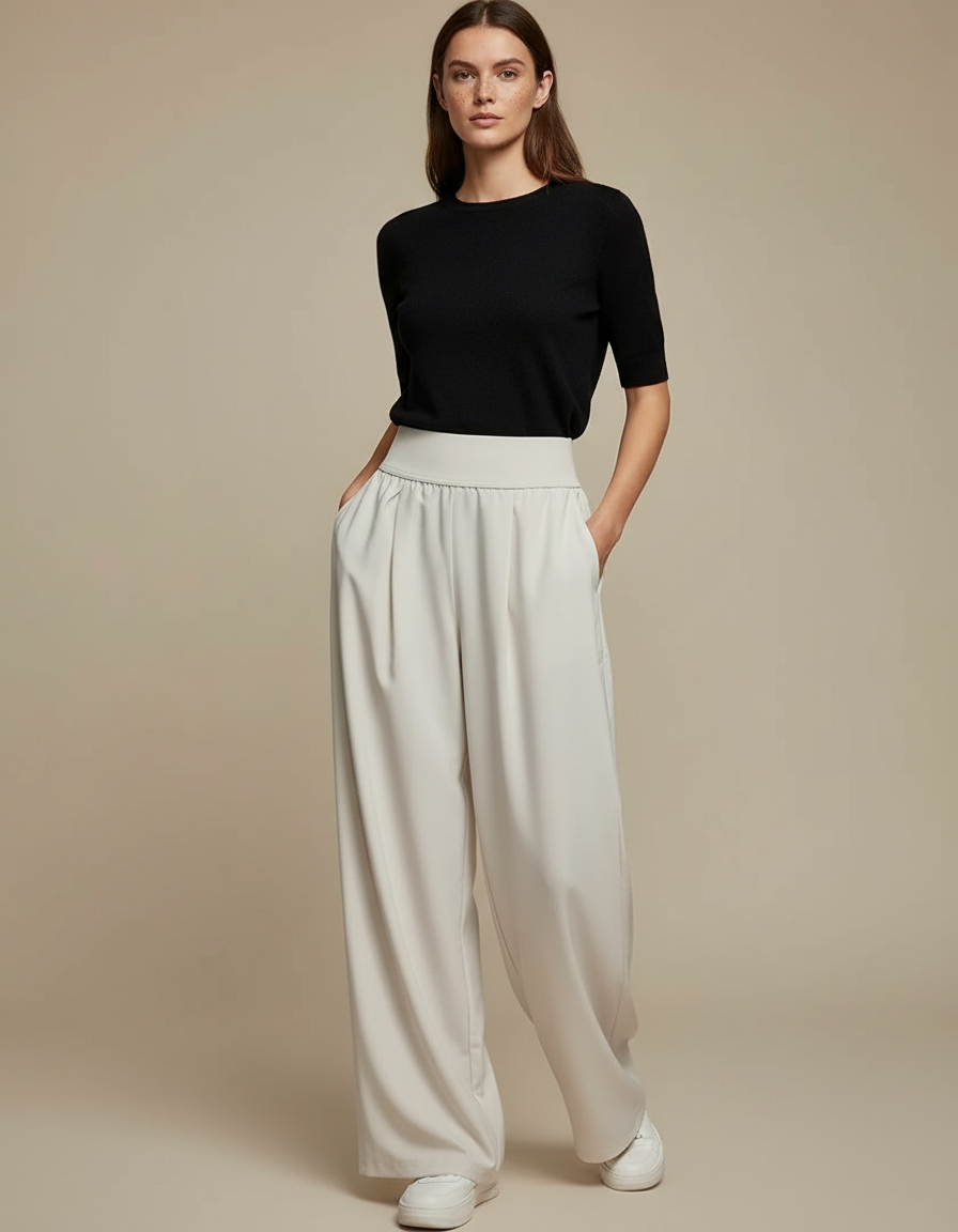 Pantalon Fluide Écru Ample Taille Haute Décontracté - Beige Polyester