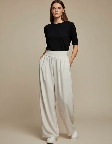 Pantalon Fluide Écru Ample Taille Haute Décontracté - Beige Polyester