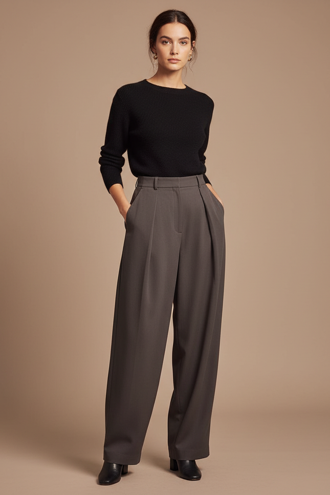 Pantalon Fluide Évasé Plissé Taille Haute Gris Élégant - Gabardine