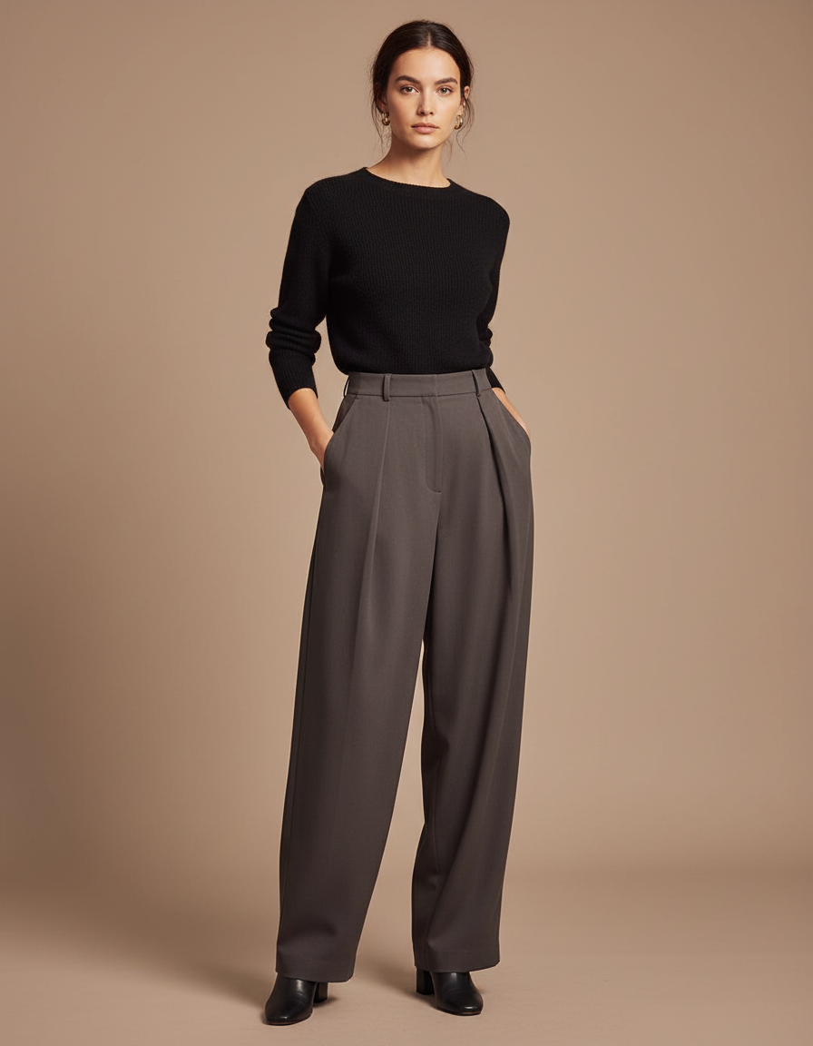 Pantalon Fluide Évasé Plissé Taille Haute Gris Élégant - Gabardine
