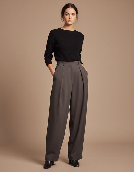 Pantalon Fluide Évasé Plissé Taille Haute Gris Élégant - Gabardine