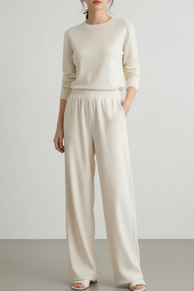 Pantalon Fluide Cotelé - Beige Maille