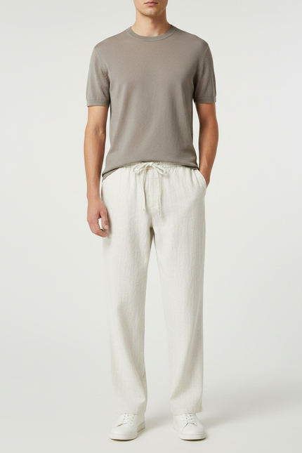 Pantalon Fluide Écru Lin Ample Cordon Décontracté Homme - Beige