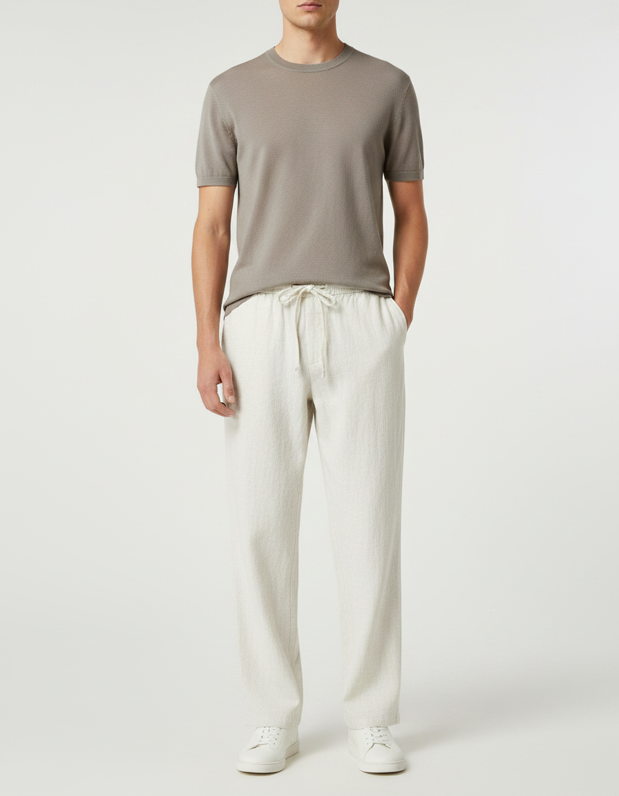 Pantalon Fluide Écru Lin Ample Cordon Décontracté Homme - Beige