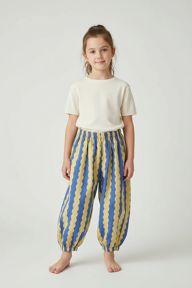 Pantalon Fluide Rayé Scallop Bleu Jaune Ample Enfant - Multicolore Lin