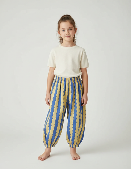 Pantalon Fluide Rayé Scallop Bleu Jaune Ample Enfant - Multicolore Lin