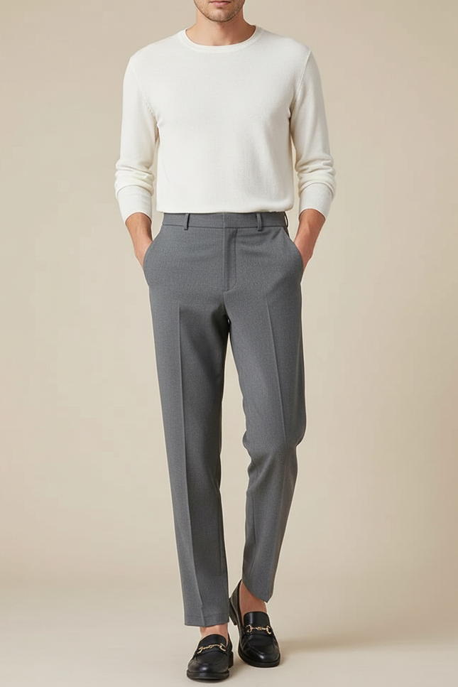 Pantalon Fluide Gris Homme Élégant Droit Décontracté - Gabardine