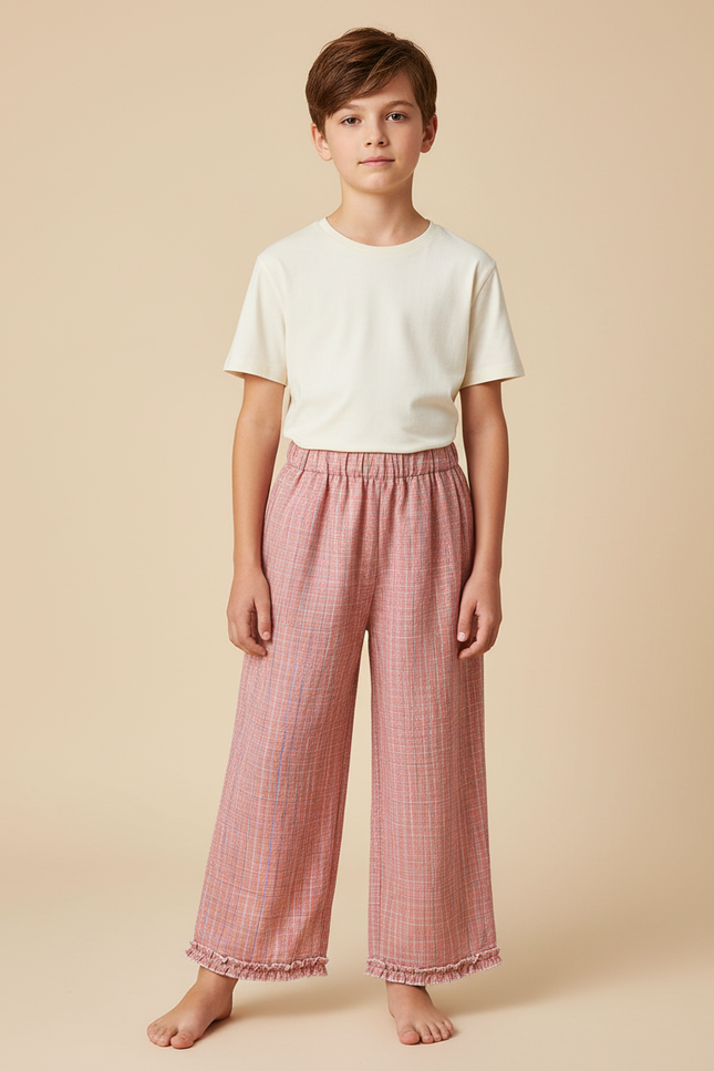 Pantalon Fluide Rose Texturé Ample Frangé Enfant - Tweed