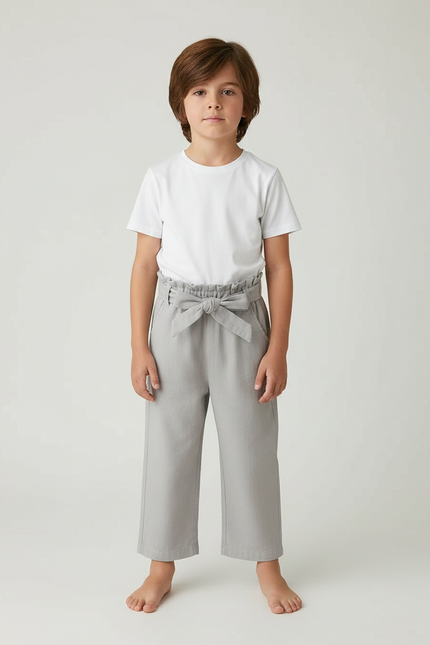 Pantalon Fluide Gris Ample Coton Ceinturé Enfant