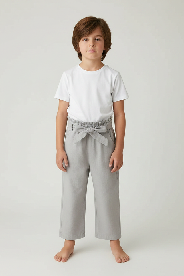 Pantalon Fluide Gris Ample Coton Ceinturé Enfant