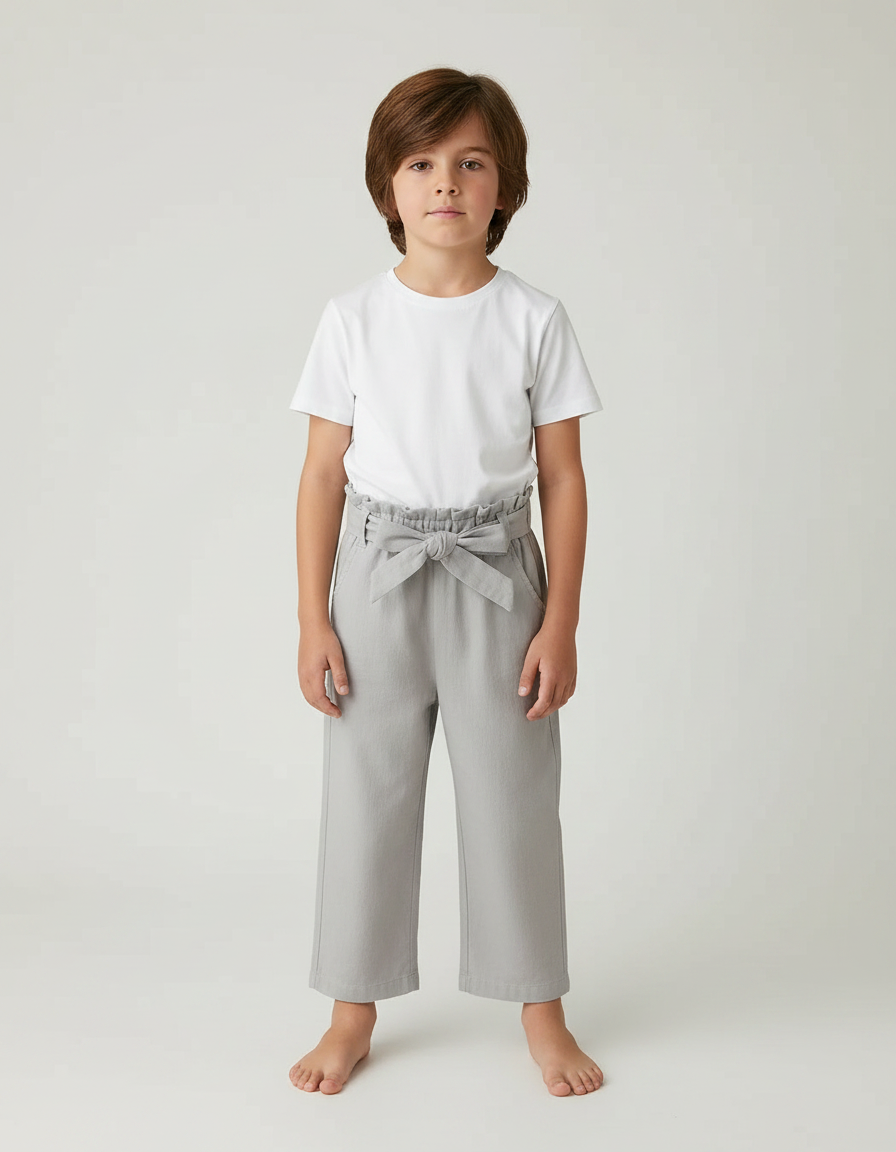 Pantalon Fluide Gris Ample Coton Ceinturé Enfant