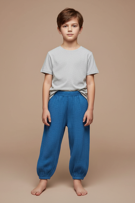 Pantalon Fluide Bleu Coton Gaze Ample Confortable Garçon