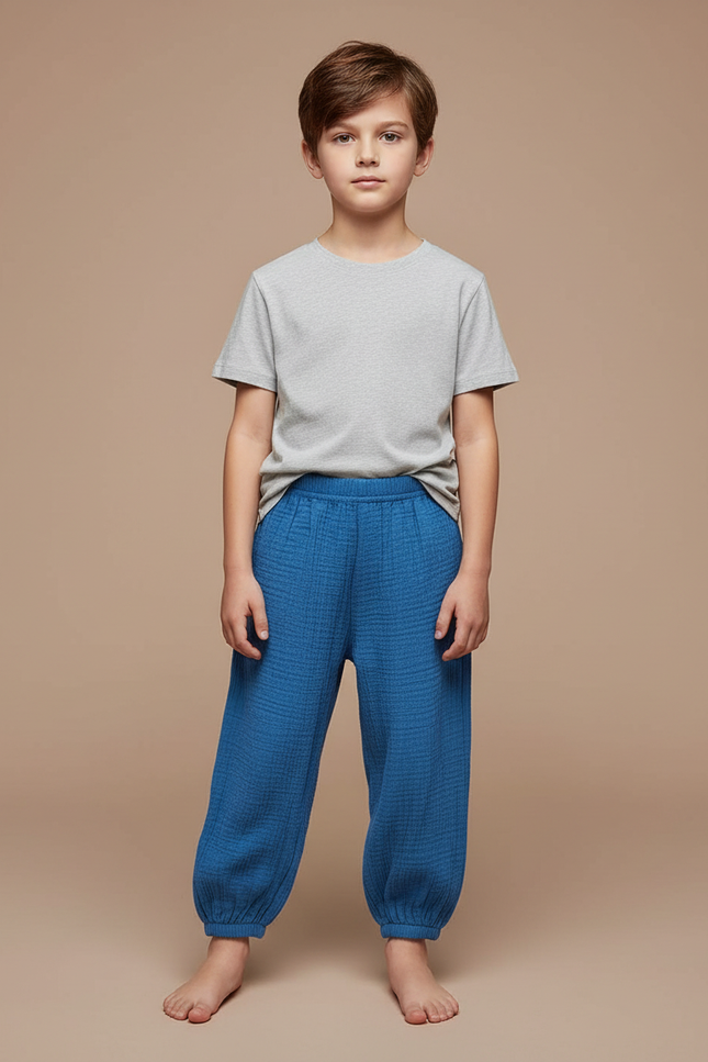 Pantalon Fluide Bleu Coton Gaze Ample Confortable Garçon