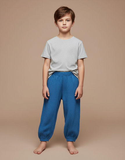 Pantalon Fluide Bleu Coton Gaze Ample Confortable Garçon