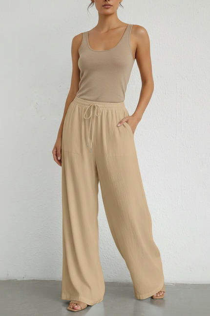 Pantalon Fluide Beige Cordon Ample Décontracté - Lin