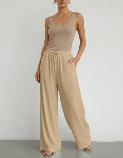 Pantalon Fluide Beige Cordon Ample Décontracté - Lin