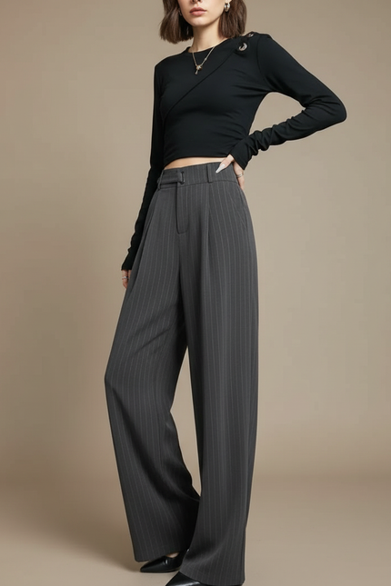 Pantalon Fluide Gris Rayé Taille Haute Ample Élégant - Gabardine
