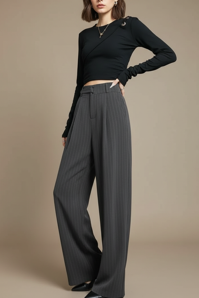 Pantalon Fluide Gris Rayé Taille Haute Ample Élégant - Gabardine