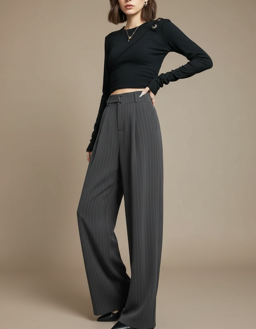 Pantalon Fluide Gris Rayé Taille Haute Ample Élégant - Gabardine