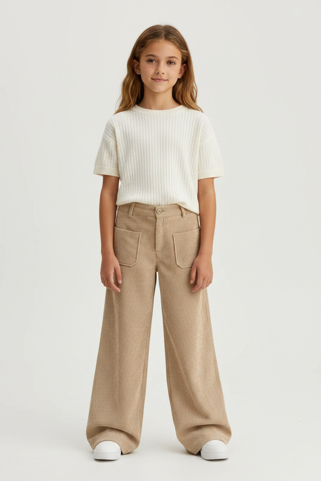 Pantalon Fluide Beige Côtelé Ample Décontracté Poches - Cordé