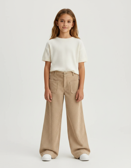 Pantalon Fluide Beige Côtelé Ample Décontracté Poches - Cordé