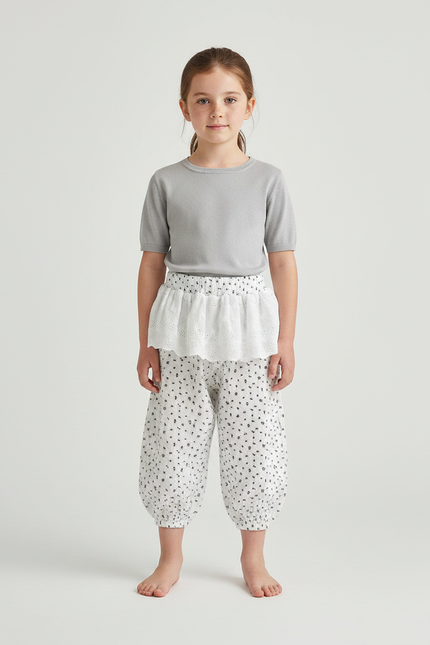 Pantalon Fluide Blanc Imprimé Floral Bouffant Fille - Coton