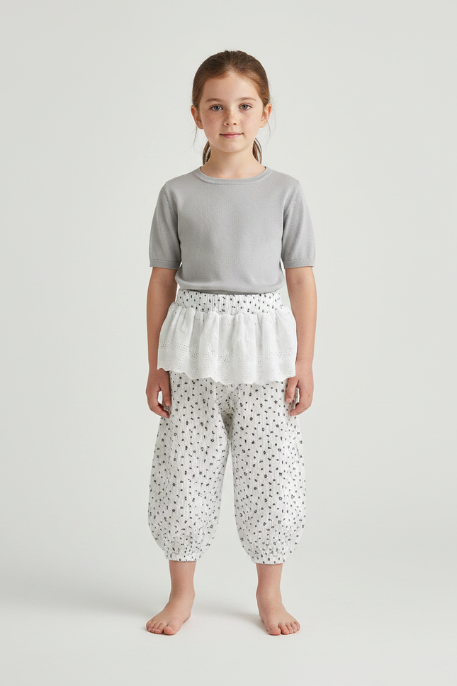 Pantalon Fluide Blanc Imprimé Floral Bouffant Fille - Coton