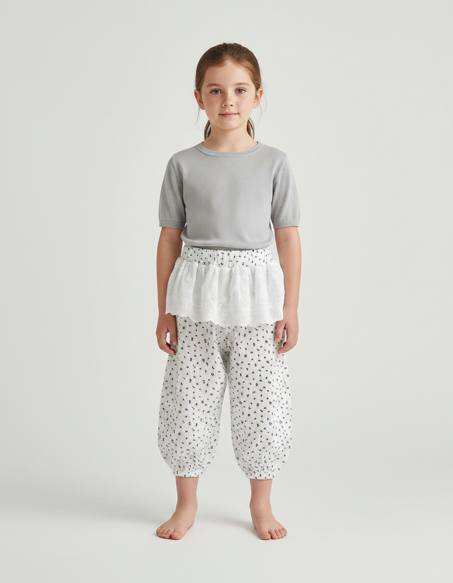 Pantalon Fluide Blanc Imprimé Floral Bouffant Fille - Coton