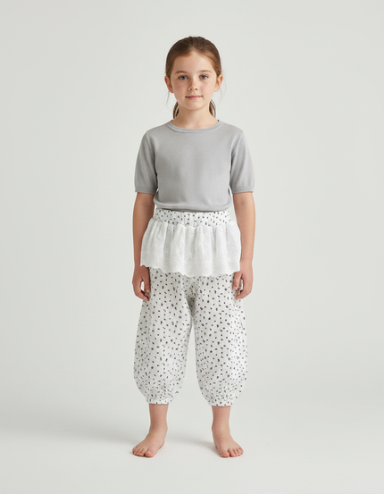 Pantalon Fluide Blanc Imprimé Floral Bouffant Fille - Coton