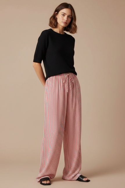 Pantalon Fluide Rayé Rouge Ample Cordon Décontracté - Viscose
