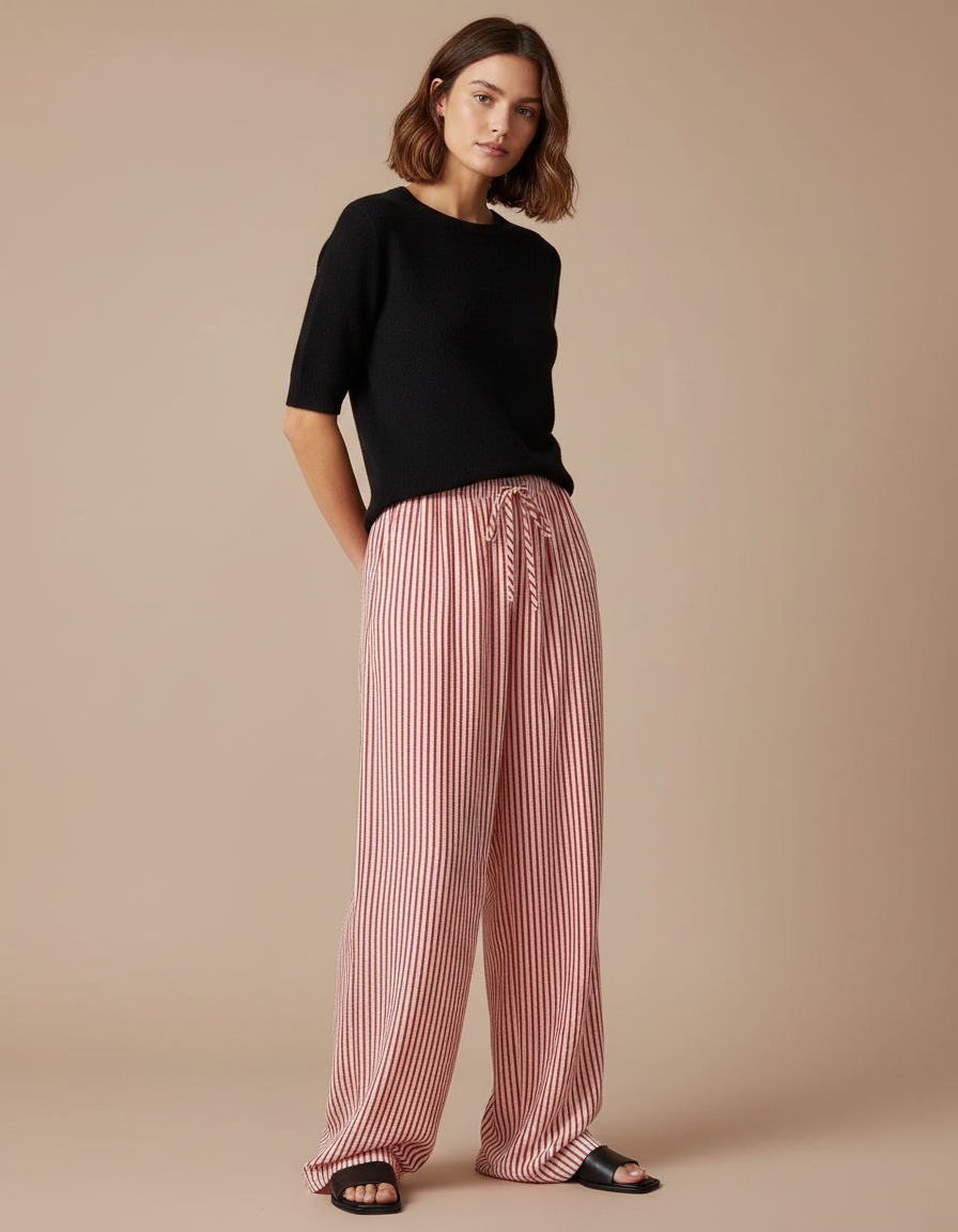 Pantalon Fluide Rayé Rouge Ample Cordon Décontracté - Viscose