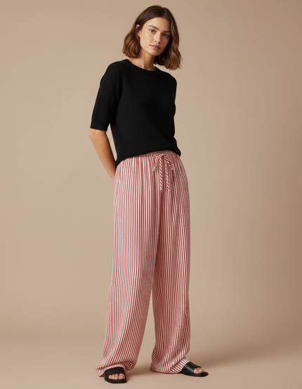Pantalon Fluide Rayé Rouge Ample Cordon Décontracté - Viscose