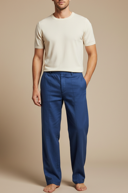 Pantalon Fluide Bleu Droit Coton Lin Décontracté Homme
