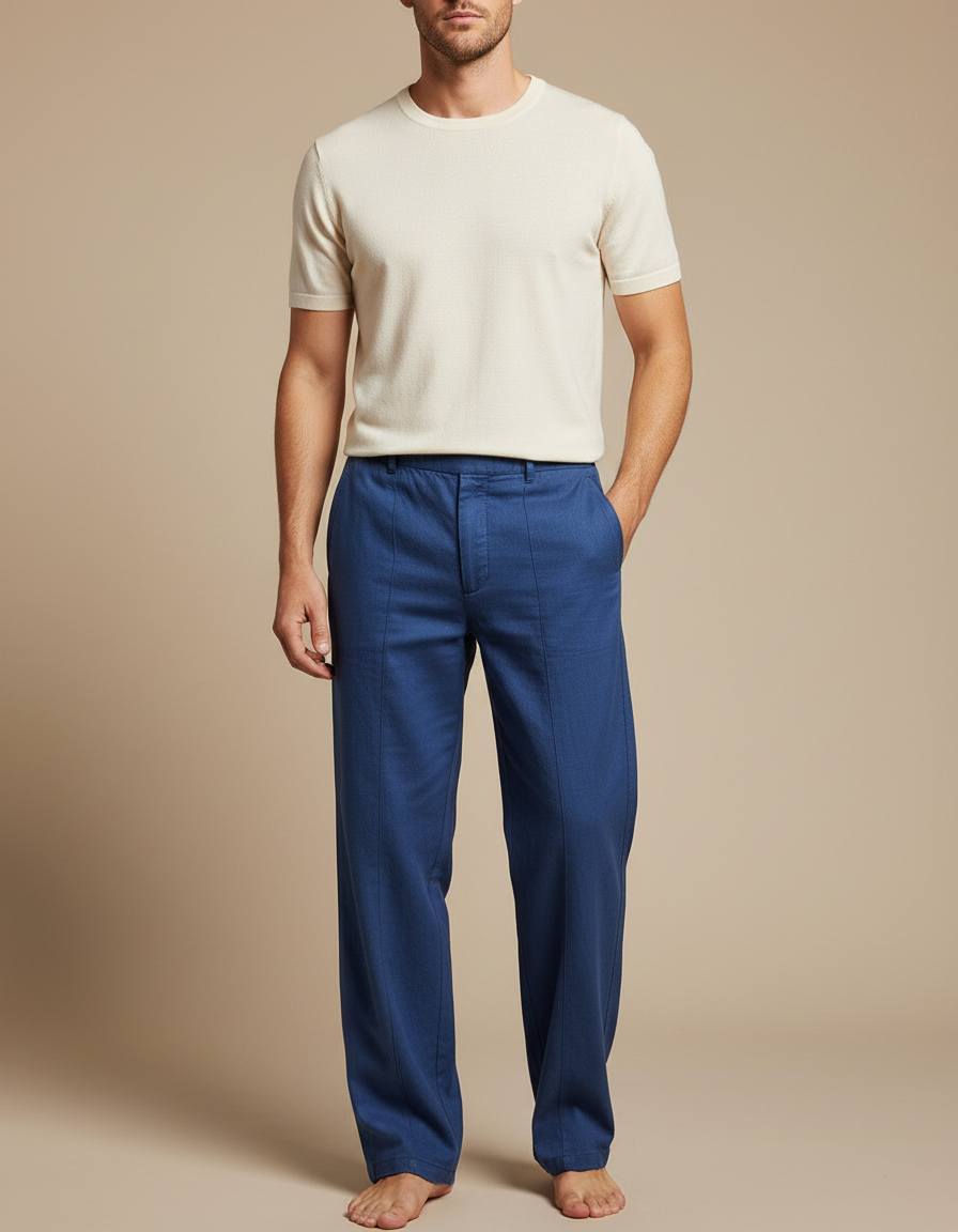 Pantalon Fluide Bleu Droit Coton Lin Décontracté Homme