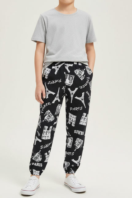 Pantalon Fluide Noir Imprimé Paris Coton Décontracté