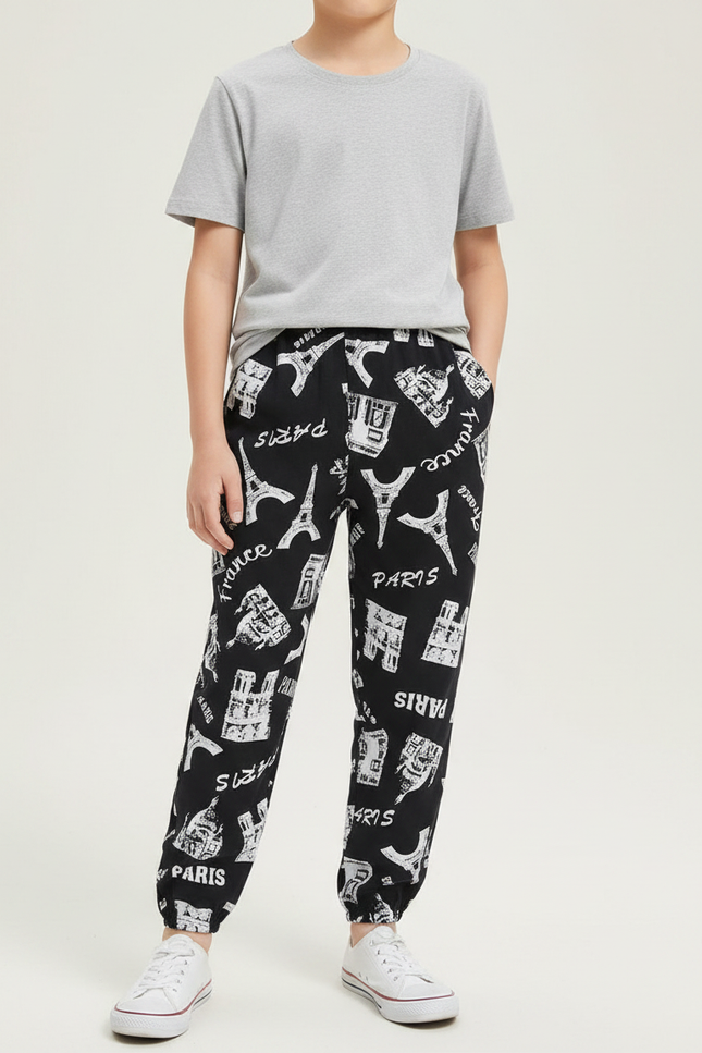 Pantalon Fluide Noir Imprimé Paris Coton Décontracté