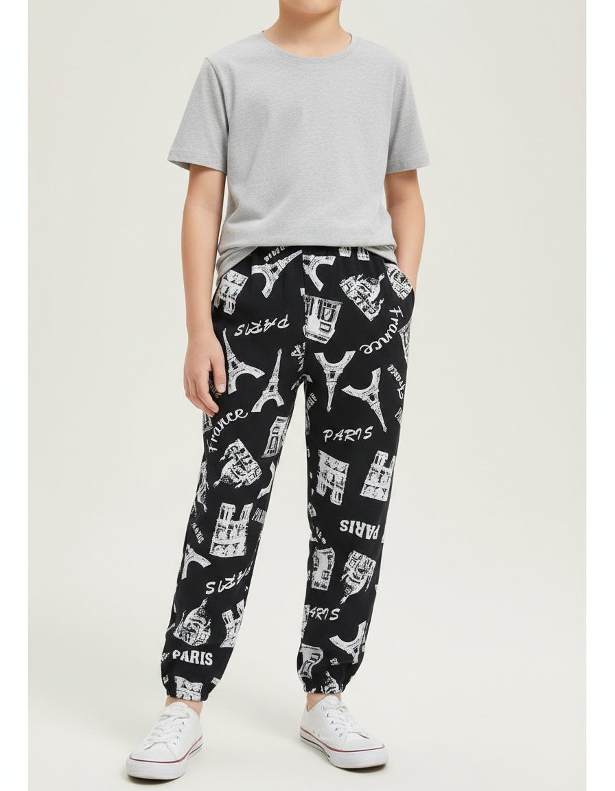 Pantalon Fluide Noir Imprimé Paris Coton Décontracté