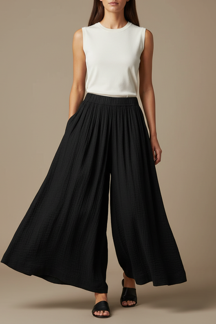 Pantalon Fluide Noir Ample Plissé Coton Décontracté