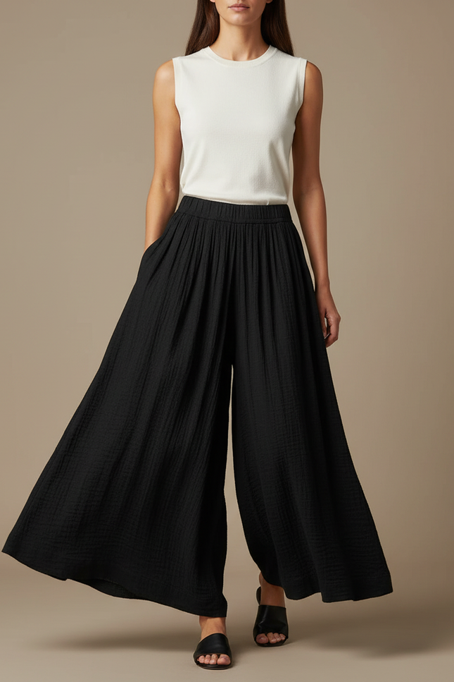 Pantalon Fluide Noir Ample Plissé Coton Décontracté