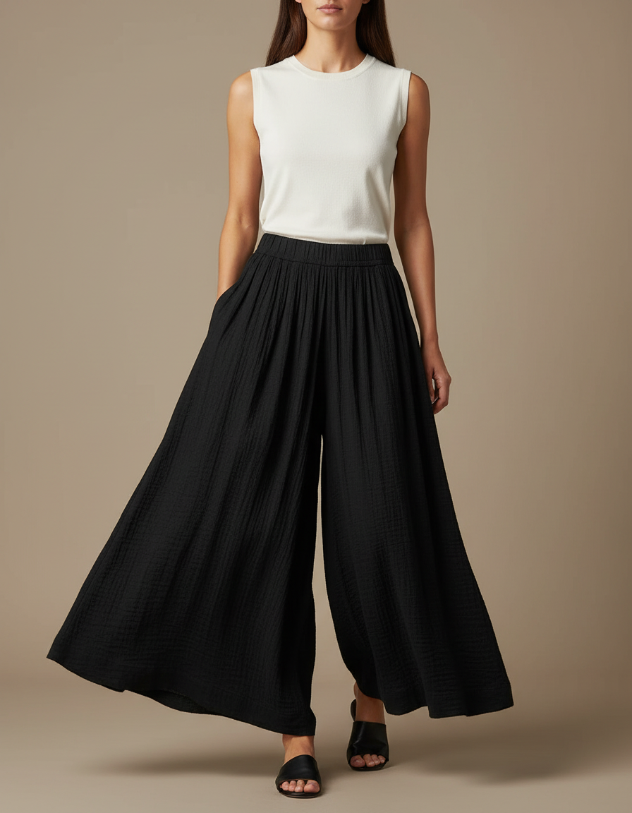 Pantalon Fluide Noir Ample Plissé Coton Décontracté