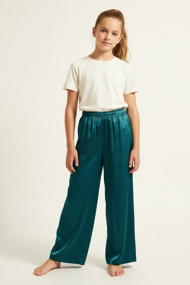 Pantalon Fluide Vert Émeraude Satiné Ample Fille
