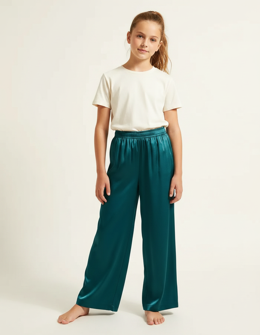 Pantalon Fluide Vert Émeraude Satiné Ample Fille