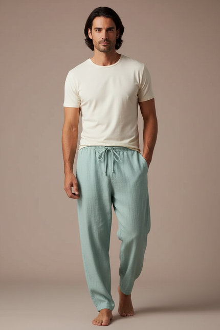 Pantalon Fluide Vert Lin Ample Homme Décontracté