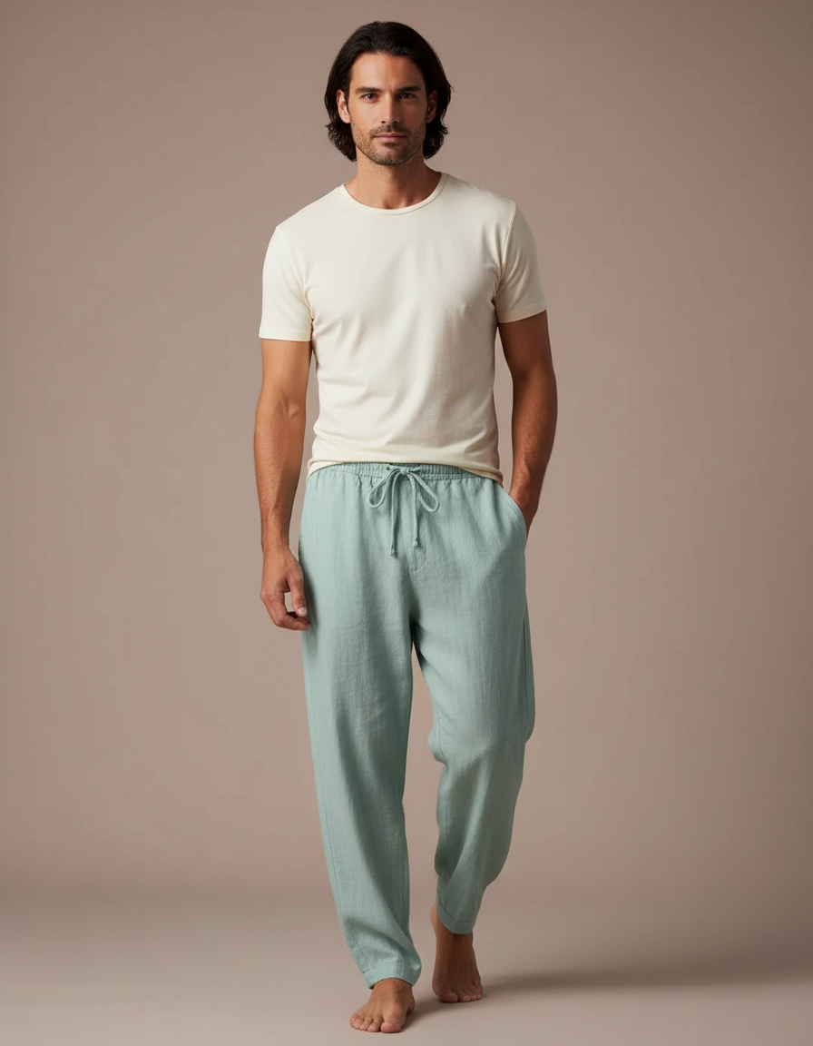 Pantalon Fluide Vert Lin Ample Homme Décontracté