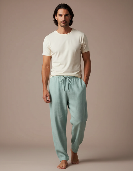 Pantalon Fluide Vert Lin Ample Homme Décontracté